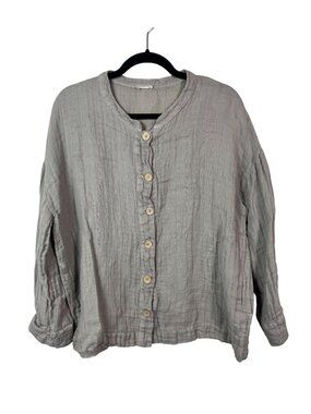 Button Up Beige Gauzy Linen Cotton Blouse Mix & Co XS Lagenlook Long Sleeves